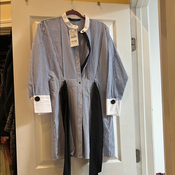 Zara Dresses & Skirts - Striped Blue and White Button-Up Dress